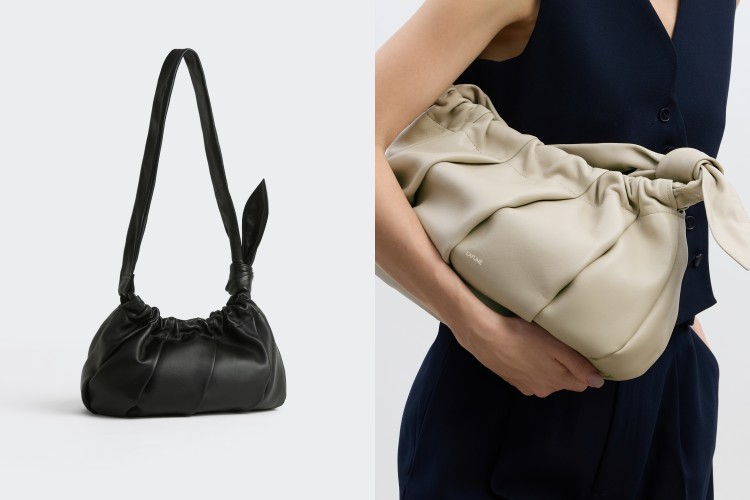 Soft Fold Bag葉形繩結延續品牌標誌性語彙，除了象徵蛻變，也可自由調節肩帶長度，實現肩背、手提、腋下包多種背法。推出沉穩黑與燕麥白兩色，輕鬆切換日夜不同的氛圍。