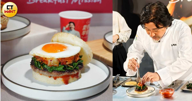 愛德華·李在記者會現場呈現製作「Edward Lee 帶著走韓式拌飯米堡」的過程，該米堡售價115元。（圖／魏妤靜攝）