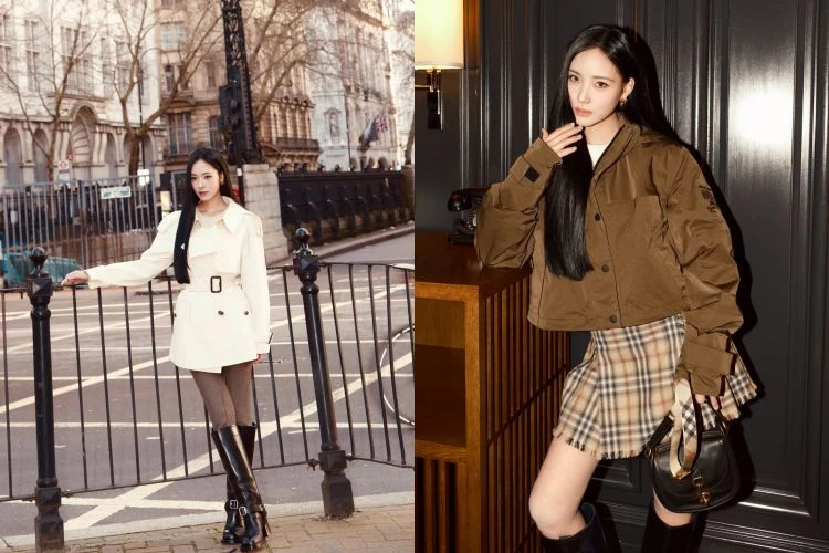 而這場大秀的另一個焦點，是Lily許韶恩的時裝週初體驗。從街拍大片到秀場造型，選擇短版風衣搭配長靴，下身比例被拉得乾淨俐落。進場後的另一套造型則更有態度，同樣短版風衣下身搭配經典格紋裙裝，英倫元素在她身上反而多了一種新世代的清爽。