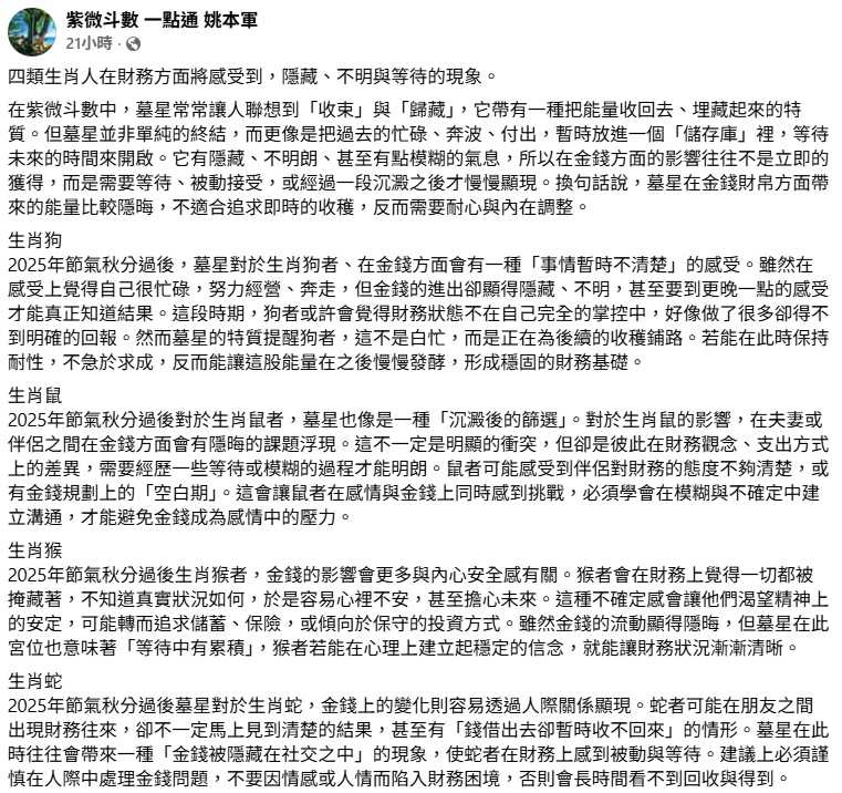 命理老師提醒，生肖狗、鼠、猴、蛇財務恐受墓星能量干擾。（圖／翻攝自FB，紫微斗數 一點通 姚本軍）