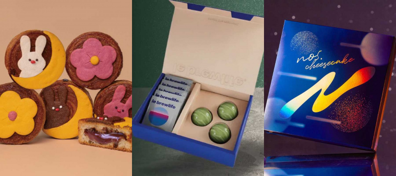 由左至右：Chubby Doo｜兔兔奔月軟餅乾爆漿圓可頌；le brewlife｜幸運• 星球黃金豆沙蛋黃酥精品濾掛；No.5 CheeseCake｜Moonrise綜合甜點餅乾禮盒。（圖／Pinkoi提供）