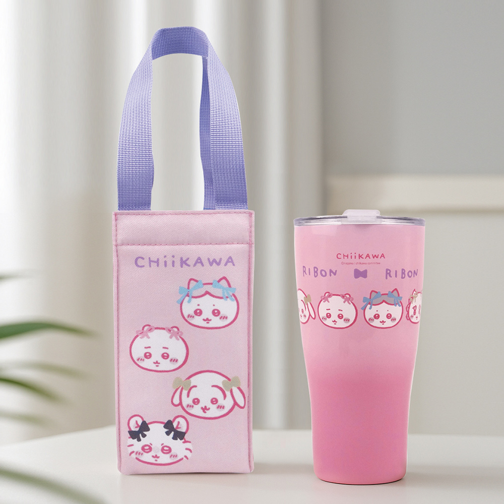 【吉伊卡哇】不銹鋼曲線冰壩杯提袋組900ml 粉