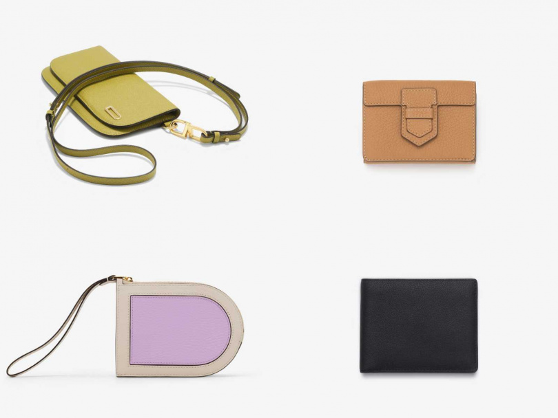 Delvaux Vagabond Adjustable Strap 奇異果綠／14,000元，Presse Trifold Wallet 茶色／21,900元，Pin D Multifonctions 芝麻杏+棉花糖紫／20,000元，Livre Wallet 黑色／21,900元（圖／品牌提供）