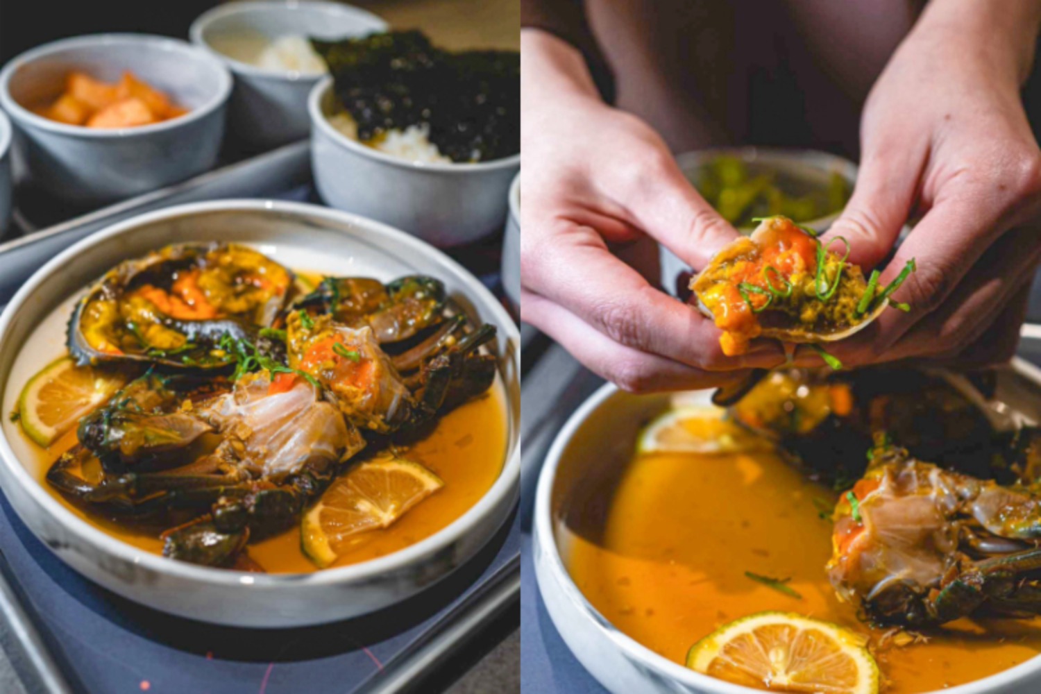 春大直《味爵》推出的台式生醃醬蟹，金黃色蟹膏超飽滿，鹹香滋味與蟹肉甘甜融合，一口下飯開胃又涮嘴