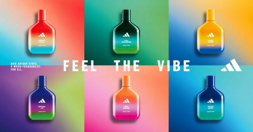 adidas VIBES率性氛圍淡香精系列，共推出Happy Feels、Full Recharge、Chill Zone、Get Comfy、Energy Drive、Spark Up六款香氣。（圖／品牌提供）