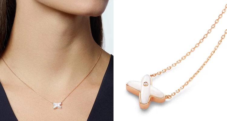 Chaumet（尚美）的「Jeux de Liens」系列，本身就帶有「連結」與情感的象徵意義，這款18K玫瑰金項鍊以珍珠母貝搭配一顆明亮式切割鑽石，柔和的材質與玫瑰金色調放在一起，氣質非常溫柔。我覺得它很適合不想要太制式鑽石項鍊的人，因為除了鑽石之外，還多了一點珍珠母貝的溫潤光澤。自己買給自己的珠寶，其實也可以有浪漫寓意。（商品價格約：NTD 55,400）