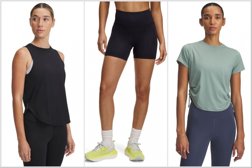 圖說：（左）UNDER ARMOUR LAUNCH 女裝ELITE背心/ 1,780元; （右）女裝涼感Ｔ恤／2,180元，（中）女 Launch Elite 4吋短褲／2,180元（圖／品牌提供）