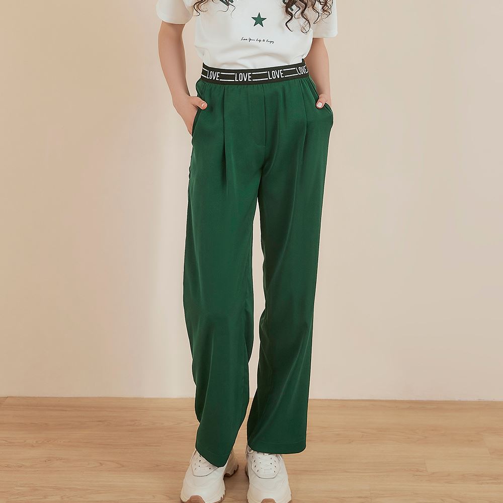 OUWEY歐薇 運動風織帶鬆緊寬褲(深綠色；S-L)3242256504