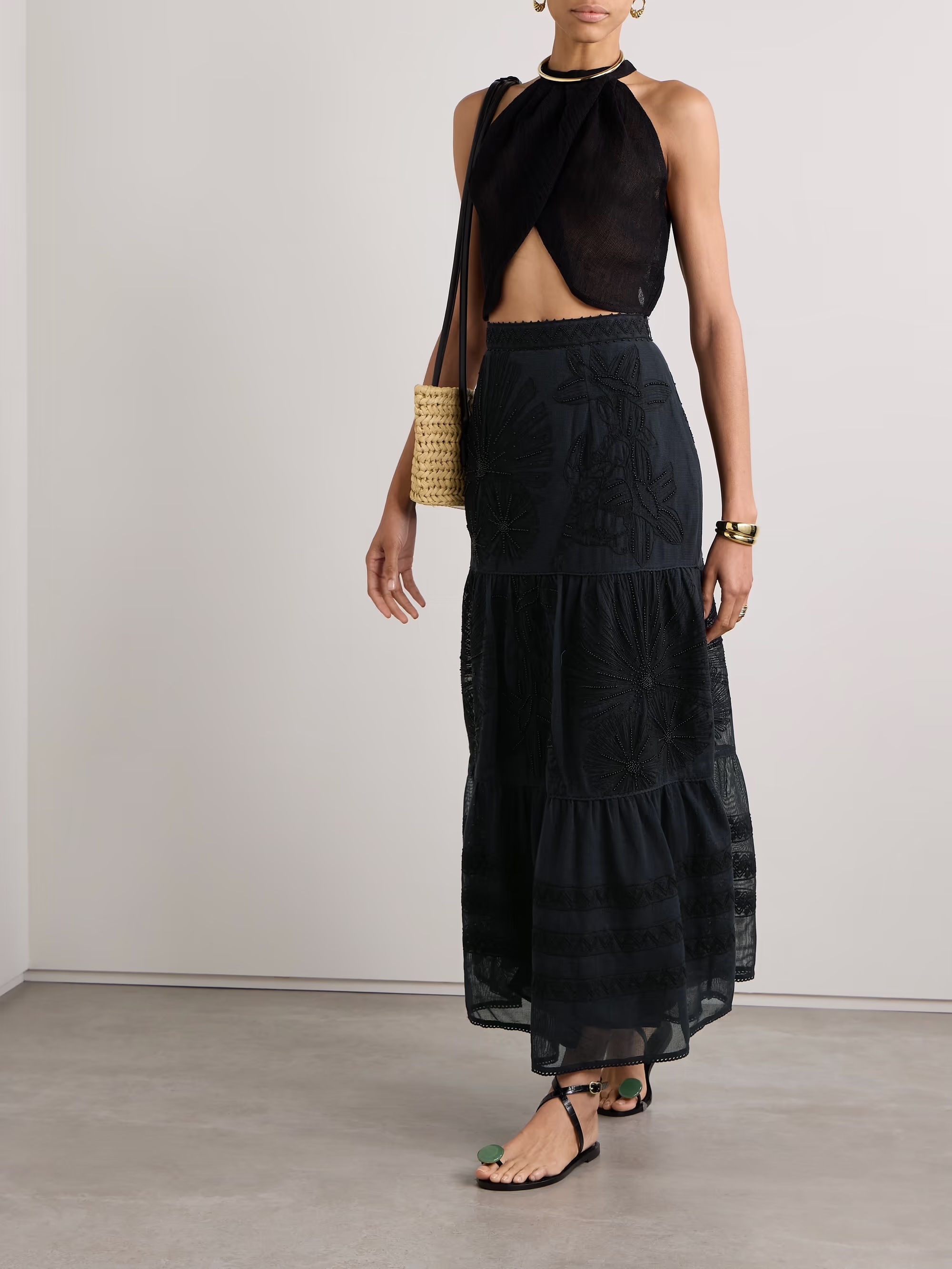 EMPORIO SIRENUSE Elda tiered embellished embroidered cotton-mesh maxi skirt