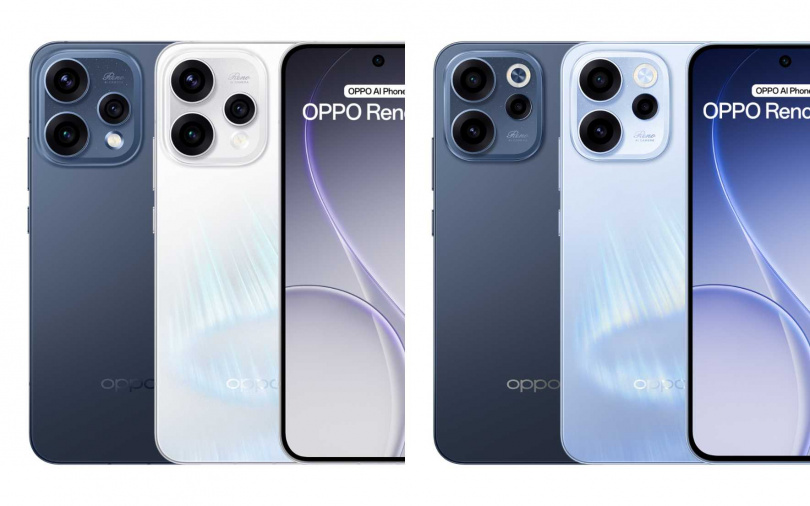 （左）Reno15極光白與蒼穹藍、（右）Reno15F極光藍與蒼穹藍。（圖／OPPO提供）