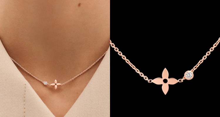 LV（路易威登）的「Idylle Blossom」則是另一種風格。品牌將經典Monogram花卉重新演繹成三朵盛放的花束，以玫瑰金搭配一顆小鑽石，整體看起來比傳統單鑽項鍊更有造型感。這款我會推薦給不喜歡太「珠寶感」設計的人，因為花朵輪廓讓它多了一點俏皮與時髦感，卻又保留玫瑰金與鑽石的精緻質感。（商品價格約：NTD 79,500）
