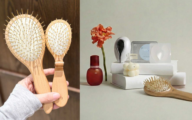 居家儀式組／5,004元起  內含長柄按摩梳、遠紅外線打結掰掰梳、小委屈可重複遠紅外線眼膜、時秘果油養髮校正精粹、香氛蠟燭。（圖／吳雅鈴攝、品牌提供）