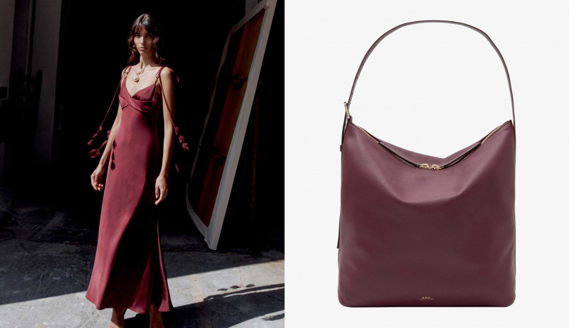 self-portrait Burgundy Satin Flower Midi Dress，A.P.C. VERA 荔枝皮深紅HOBO包 （圖／品牌提供）