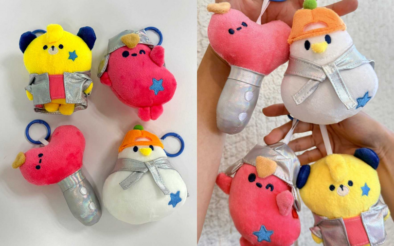  4款盲盒娃娃包含Dinu、Hoya、Saugy腸太郎與應援棒造型，隨機贈送不可挑款。（圖／品牌提供）
