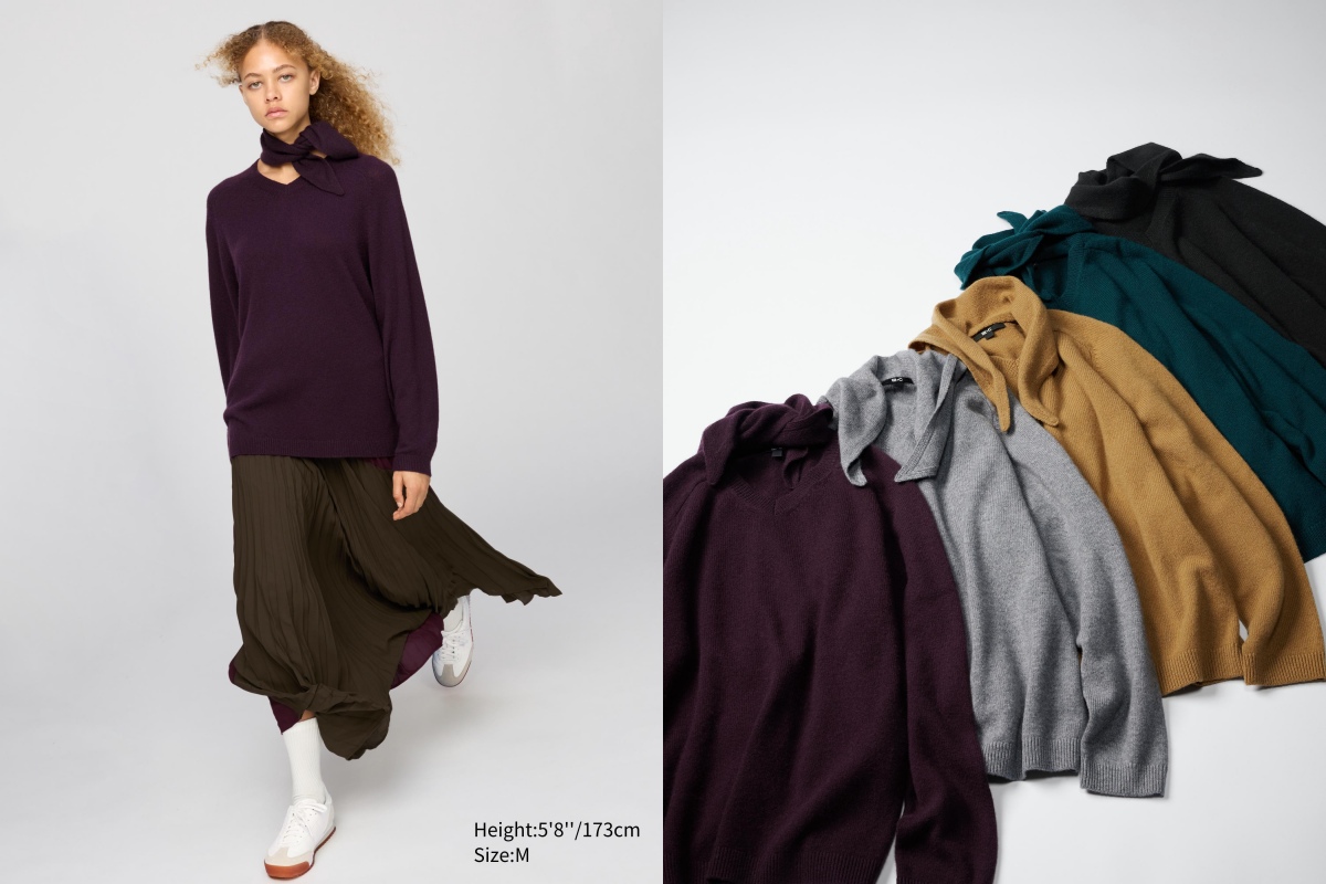 這款毛衣來自本季的「C系列」，在版型上設計師以中長版的鬆身剪裁呈現，細節處在 V 領的設計中加入一條可拆卸領巾，讓整體更具造型感