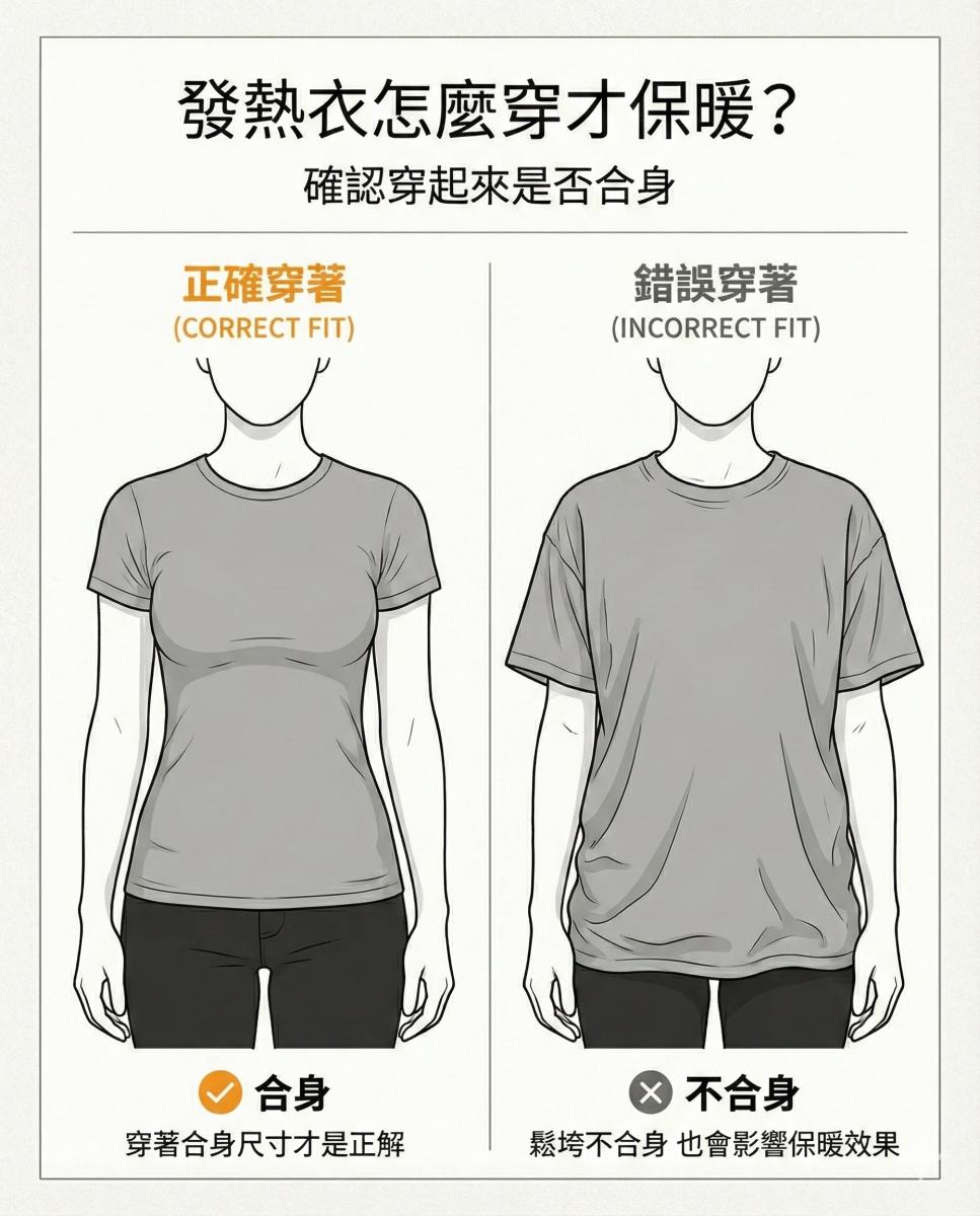 許多人誤以為發熱衣「越寬鬆越好穿」，但事實恰恰相反。Uniqlo 在官方圖示中明確指出，HEATTECH 的保暖原理，來自布料吸收人體散發的汗水與水蒸氣，並將其轉化為熱能，再藉由貼合肌膚的穿著方式鎖住暖空氣。若衣物因長期穿著、洗滌而變得鬆垮，身體與布料間產生過多空隙，熱能便容易流失，保暖效果自然大打折扣。從圖中對比可見，合身的發熱衣應順著肩線、腰身與手臂線條服貼，而非在腹部或袖口堆積皺褶。即使衣服沒有破洞，只要穿起來不再貼身，其實就已經不適合再擔任「保暖內層」的角色。選擇正確尺寸，遠比多穿一件更有效。