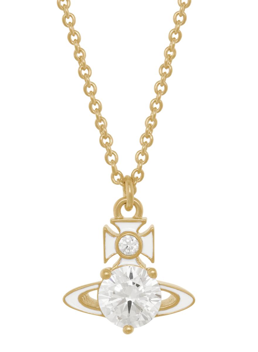 異材質的結合，能看見一個品牌的用心。這款土星項鍊以金色為軸心，並搭配上珐瑯材質於其中，此外再加入大型的水晶鑲嵌，造型感十足讓人過目難忘。