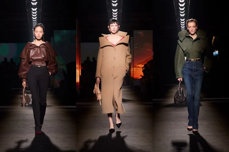 對Piccioli而言，品牌的辨識從來不只是Logo，而是服裝本身的形狀。本季值得關注的是領型的變化，有的高高豎起，有的像扇面般展開，也有覆蓋上半身的立體結構，甚至透過切割與重組布料讓領口成為造型焦點。同時，品牌檔案裡熟悉的輪廓，繭型大衣、直筒洋裝也被重新喚醒，但不只是復刻，Piccioli加入皮革、工裝細節，讓歷史線條長出新的表情。