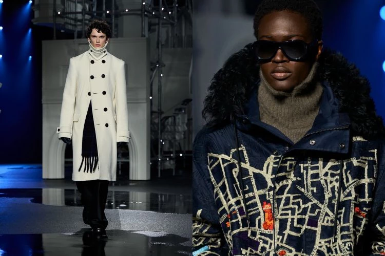 男裝的變化尤其明顯。經典輪廓被刻意錯置，大衣不再端著架子，燕尾服也少了拘謹，多了一點年輕人夜裡要出門的隨性，連帽衫與皮革混搭出一種英倫街頭的性感張力。