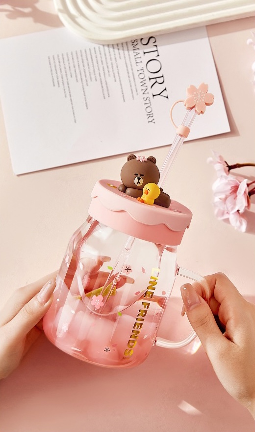 春天來了【遊戲家】Line Friend 熊大莎莉春日櫻花造型吸管玻璃杯 咖啡杯 飲料杯 隨行杯 UG