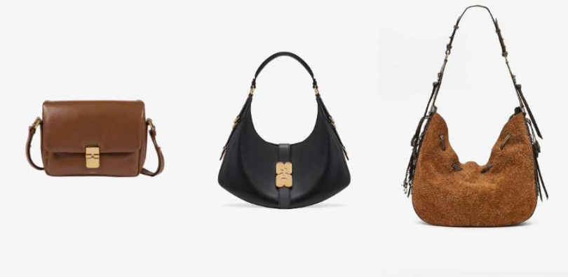 A.P.C. GRACE法裩包；GANNI KAT蝴蝶飾扣小型流浪包； ISABEL MARANT BOLTON HOBO栗棕色麂皮肩背包（圖／品牌提供）