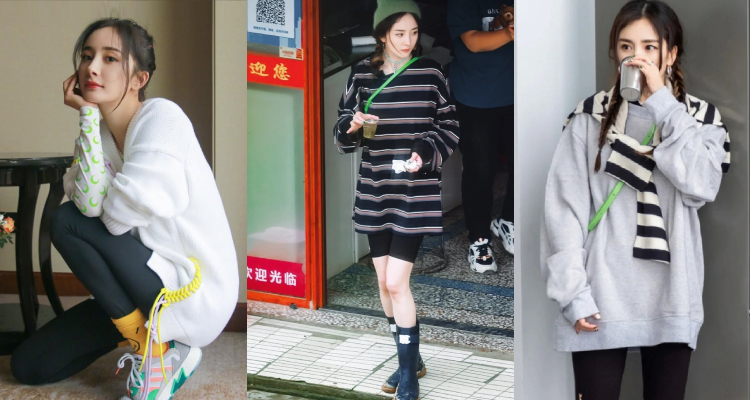 楊冪近期私服中，單車褲成了她的減齡利器。她將貼身運動單品與寬鬆大學T或防風外套混搭，輕鬆打造休閒又不失時尚感的街頭風格。