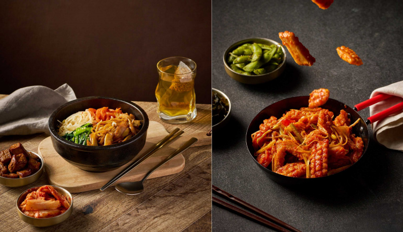「煙燻達克拌飯」（左）、「辣炒生魷U」。（圖／YACHE提供）