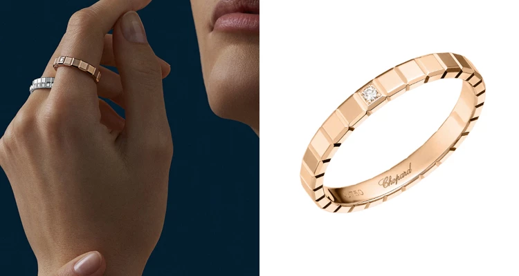 Chopard（蕭邦）將現代都市的極簡幾何發揮到極致，形塑出辨識度極高的「Ice Cube」系列。這款玫瑰金鑽戒由無數個立體方塊緊密排列，並在其中鑲嵌閃耀鑽石，當光線從不同角度灑落時，會折射出如冰塊般清透璀璨的光芒。俐落又帶點前衛的設計，是日常疊戴或單獨佩戴的最佳主角。（商品價格約：NTD 48,900）