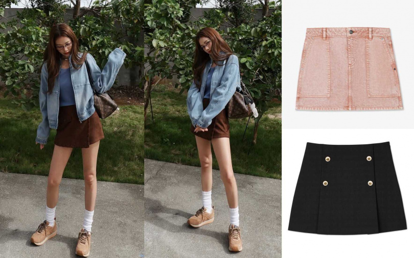 MICHAEL KORS玫瑰水晶粉丹寧短裙／8,800元、SANDRO黑色雙排釦短裙／8,590元（圖／品牌提供）
