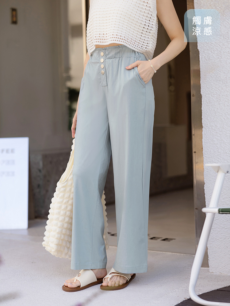 涼感．舒涼彈力裝飾排釦腰鬆緊直筒褲