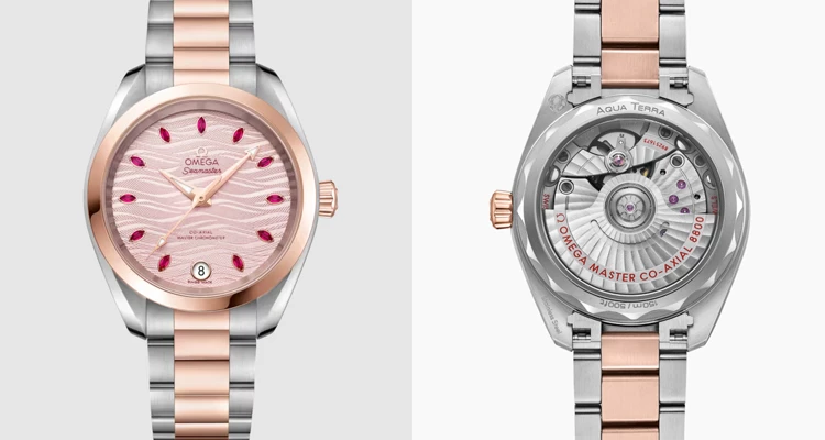 這款由Omega以不鏽鋼與獨家研發的專利玫瑰金合金所打造的「Aqua Terra」海馬系列腕錶，其對稱美學的講究，加上淡粉紅色波浪浮雕錶盤與11顆欖尖形切割紅寶石時標相互輝映，在鑽石拋光金指針的點綴下，展現出柔美與奢華並蓄的層次感。