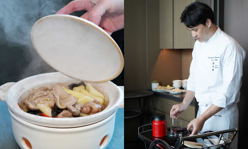 主廚邱龍俊於桌邊服務「手工現沖豆花」（右），將來自「禾乃川國產豆製所」的無糖熱豆漿注入樹薯豆花粉中，左為「坪林茶油子薑雞煲」。（皆各680元，圖／魏妤靜攝）