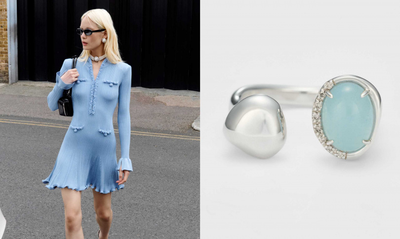 self-portrait Blue Pearl Trim Knit Mini Dress，agete波弧海藍寶石戒指（圖／品牌提供）