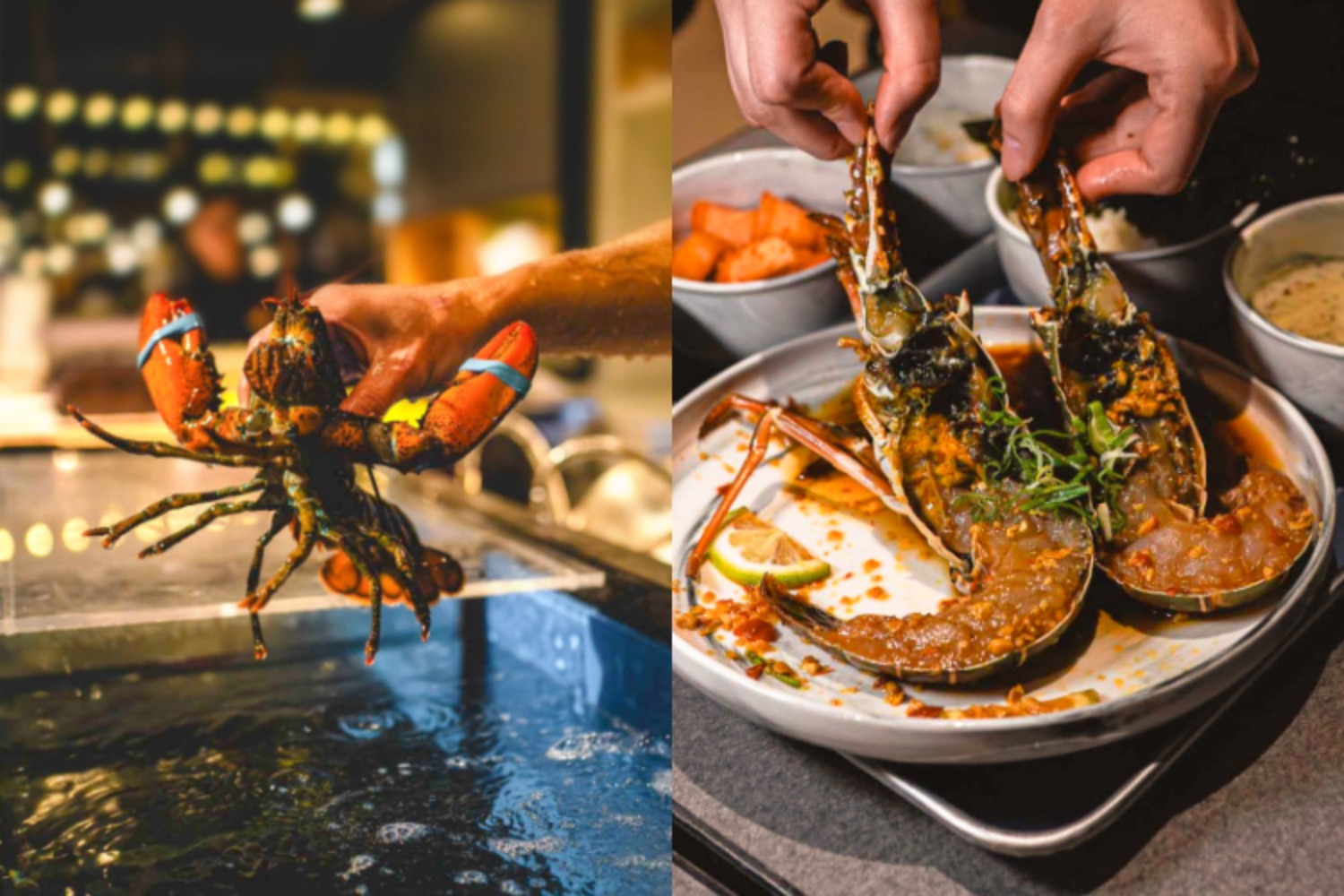 高粱酒香生醃龍蝦，雲林蒜頭高粱醃製10小時，酒香緊裹龍蝦。