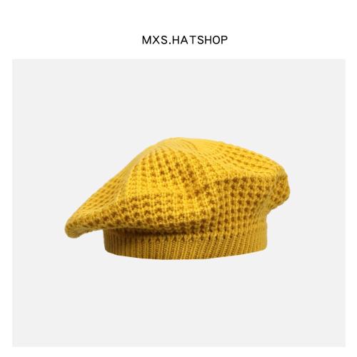 日系毛線貝雷帽子女秋冬新款韓版純色百搭針織帽復古文藝畫家帽潮