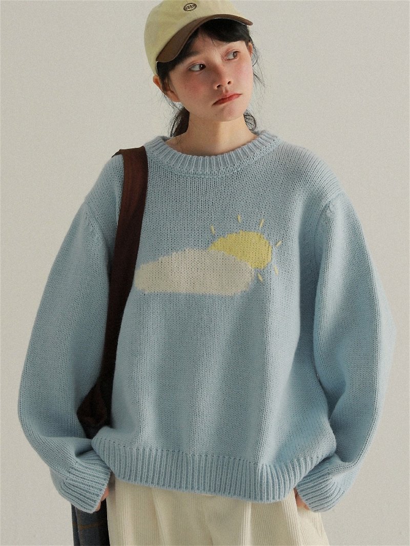 駝色/藍色 雲朵毛衣 日系小清新圓領慵懶風寬鬆套頭針織衫上衣