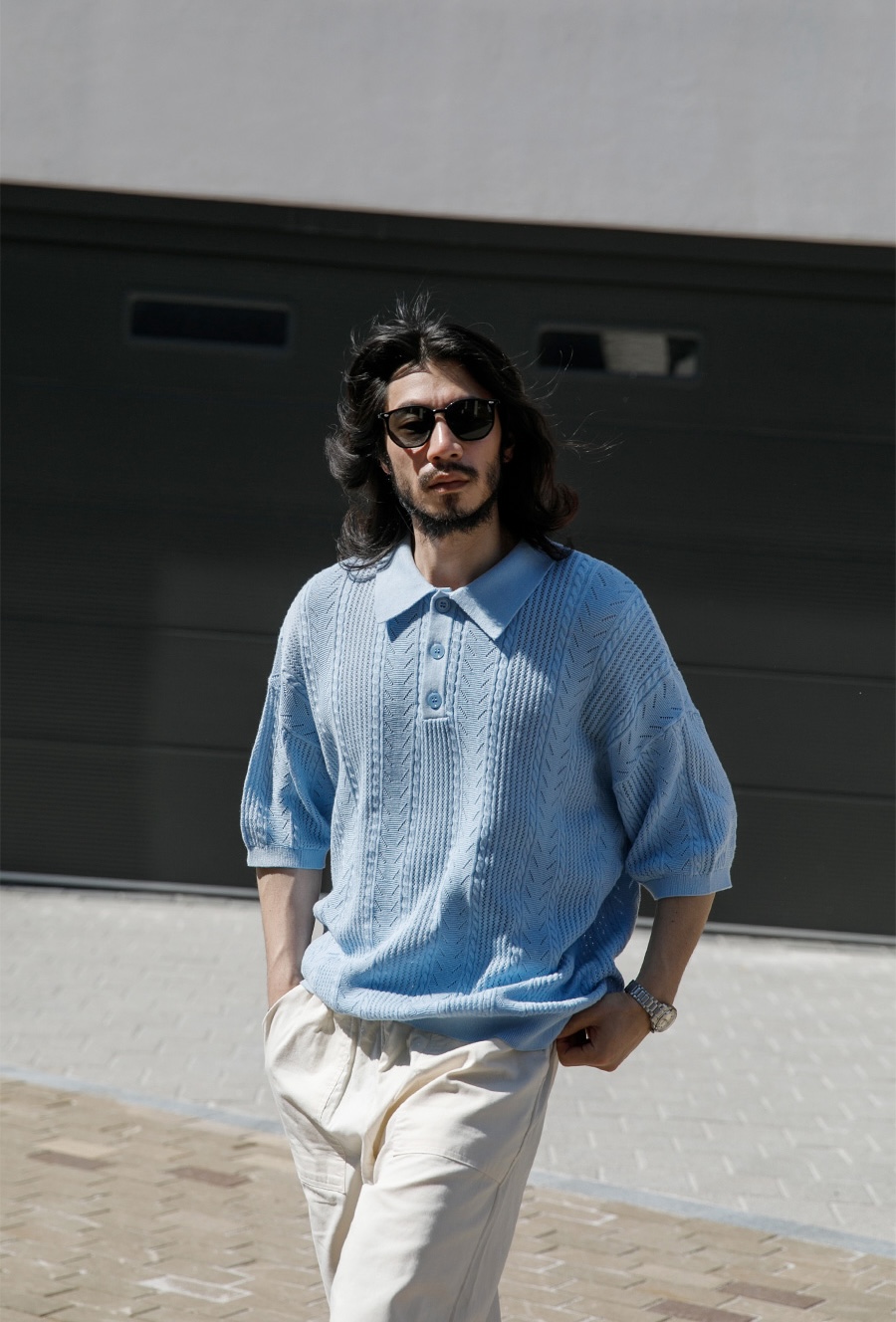 RUGGED HOUSE Cable collar short-sleeved knit