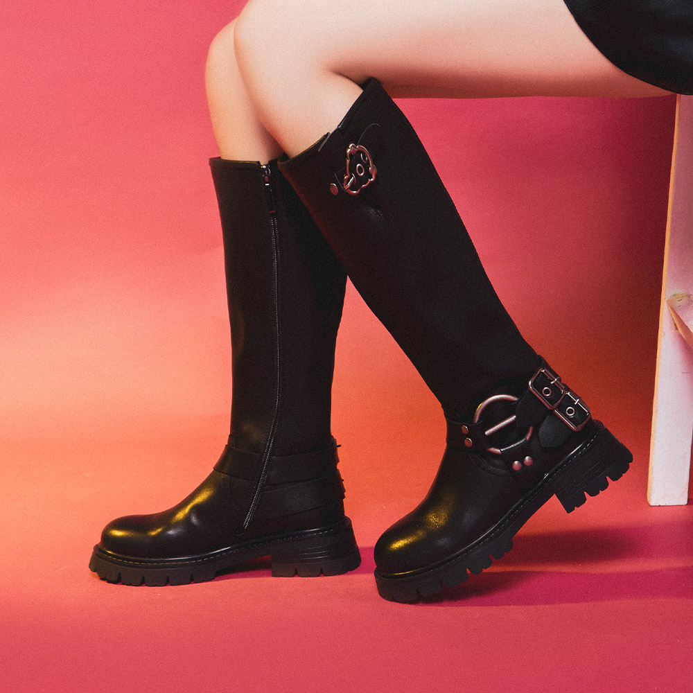 【日本京都聯名】HAPPYFACE 個性帶釦真皮長靴 黑 (7B2993)