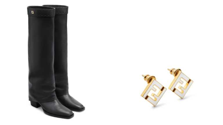 Minerva黑色皮革高跟靴子／73,400元，Forever FENDI耳環／14,200元（圖／品牌提供）