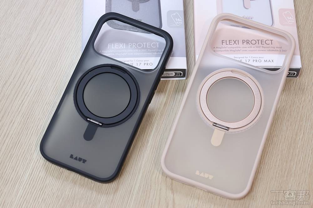 採用簡約霧透背板與親膚材質邊框，同樣配備了 360 度旋轉支架安全環。