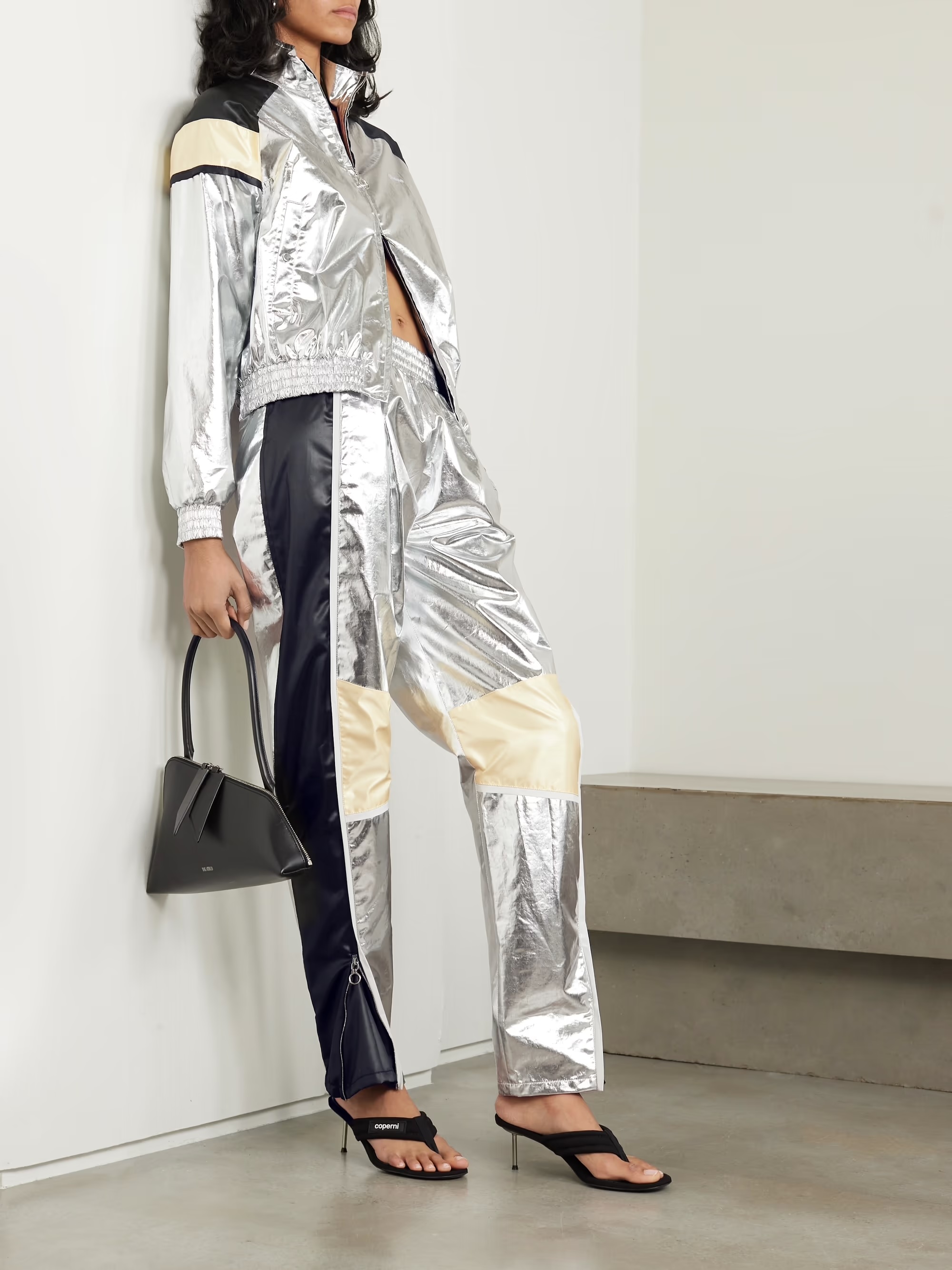 RABANNE Metallic satin-trimmed coated-cotton tapered pants