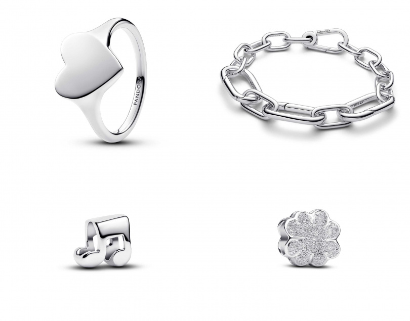 可鐫刻心形戒指／2,880元，特大鏈圈手鏈／4,380元，音符迷你串飾／1,080元，幸運草霧銀迷你串飾／1,280元（圖／品牌提供）