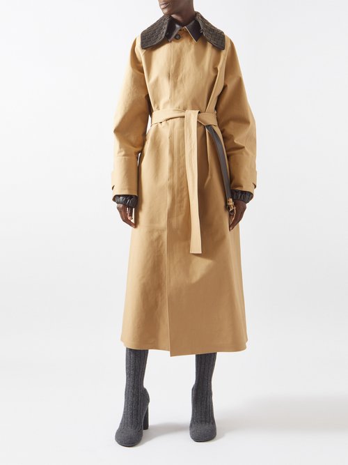 Bottega Veneta - Intrecciato-leather Cotton-blend Trench Coat - Womens - Beige