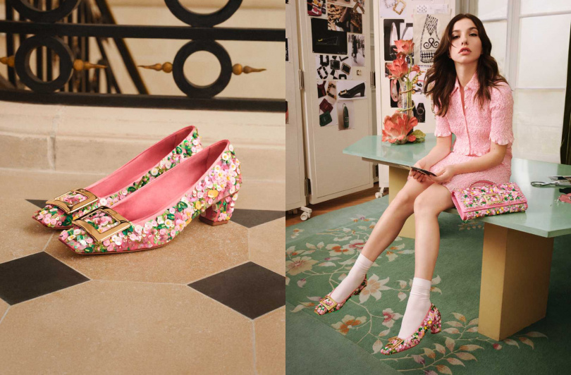 (60周年紀念款)Belle Vivier Prato玫瑰粉花卉亮片手工刺繡淡金扣手拿包／146,200元，Belle Vivier Prato 玫瑰粉緞面花卉手工刺繡淡金扣高跟鞋／79900元（圖／品牌提供）