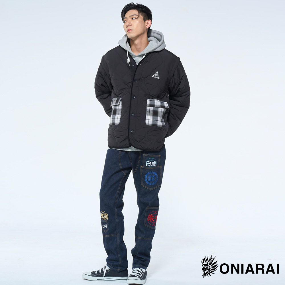 網路獨家【8折】格紋拼接黑白系列可脫卸兩穿鋪棉外套 - BLUE WAY 鬼洗い