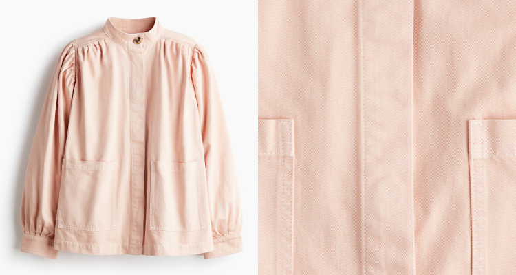 當性格單寧遇上甜美如糖霜的粉紅色，以及嬉皮感的長燈籠袖抓褶設計，讓整體輪廓瞬間柔和了起來，H&M在既保有材質的硬挺與俐落，又巧妙地融入了細膩的浪漫氣息。