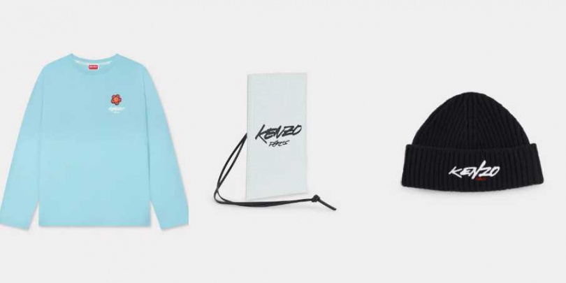 KENZO FUTURA水藍色繭型衛衣NT$15,300；KENZO 牛皮紙革白色FUTURA手機包；KENZO FUTURA黑色羊毛毛帽（圖／品牌提供）