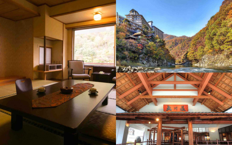 福島「Ookawaso」坐落大川溪谷旁，可在露天溫泉中欣賞四季山景。（圖／Booking.com提供）