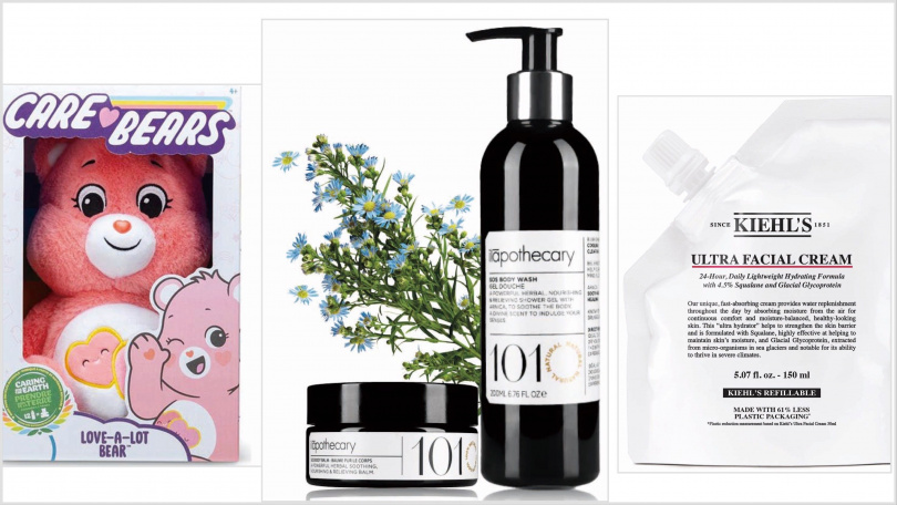 FUNBOX Care Bears彩虹熊14吋（多色），795元（忠孝館），BEAUTÉ ilāpothecary No.101 SOS舒緩平衡組，容量：依組合而定，原價4,660元，特價3,680元，限量20組（復興館），KIEHLS冰河醣蛋白舒敏修護保濕霜補充包 150ml，2,900元，限量10個(忠孝館、復興館)（圖／品牌提供）