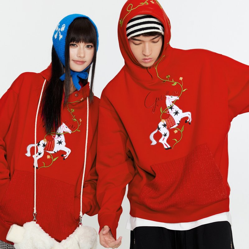 馬年本命年衣服紅色連帽衛衣 加絨刺繡帽衫上衣